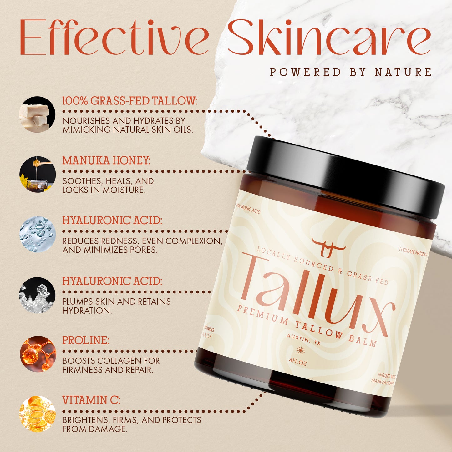 Tallux Premium Whipped Tallow Balm with Manuka Honey, Vitamin C, Hyaluronic Acid & Niacinamide – Deeply Moisturizing for Body, Face & Lips